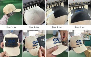 Step-by-step 3D embroidery hat manufacturing process showing logo application on baseball cap