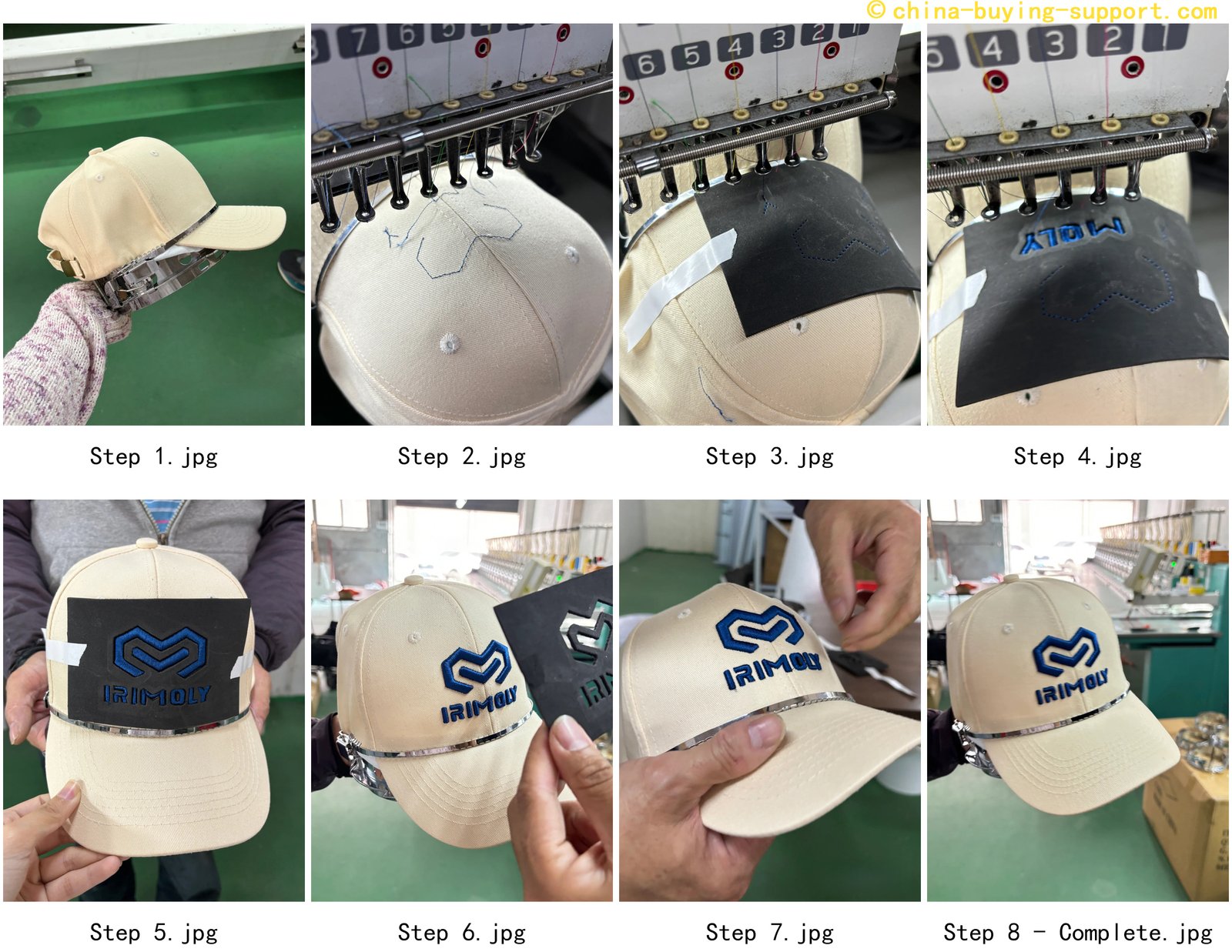 Step-by-step 3D embroidery hat manufacturing process showing logo application on baseball cap