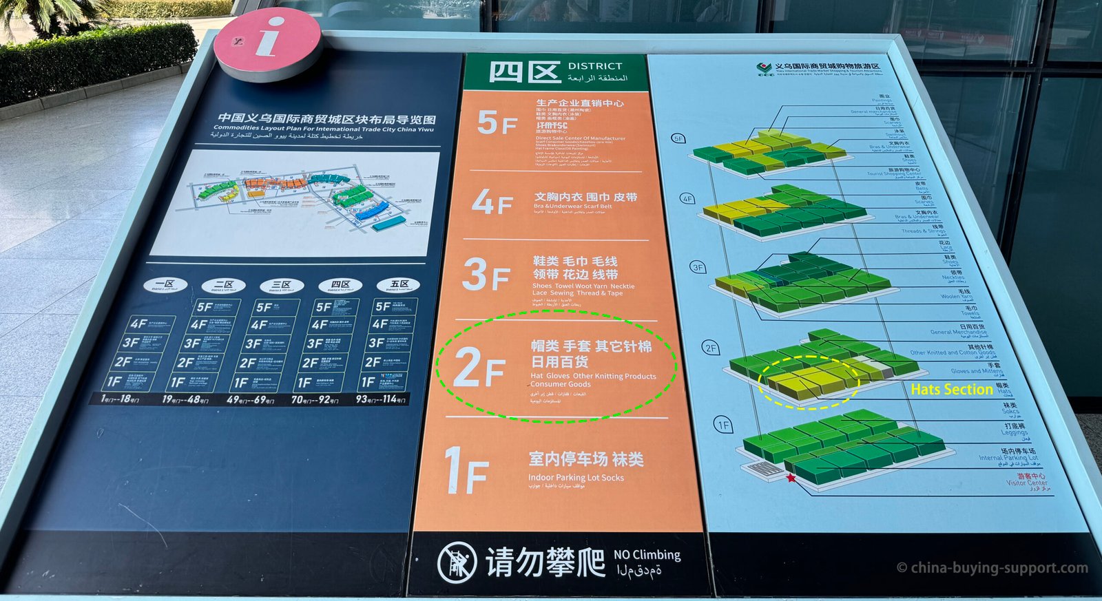 District 4 directory and floor map, Yiwu International Trade City; 2F hats section highlighted