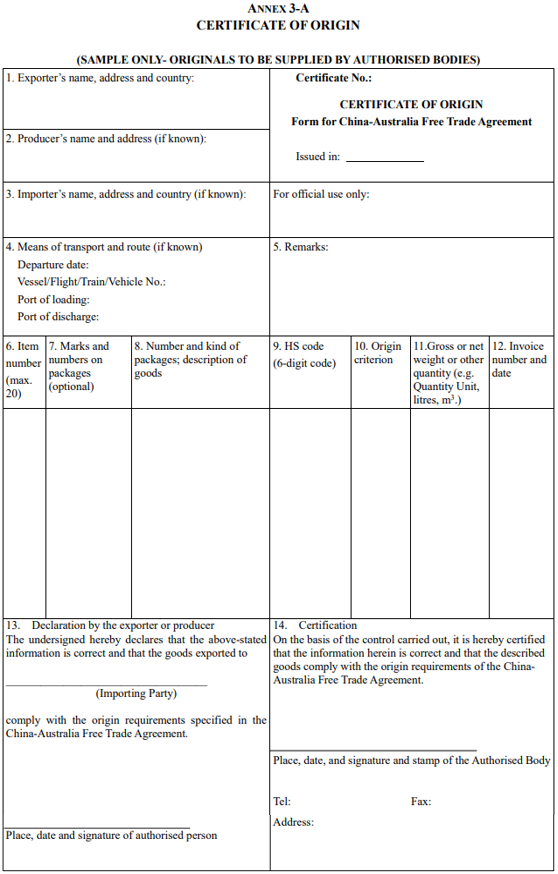 Certificate of Origin template for the China-Australia Free Trade Agreement (Annex 3-A), showing fields for exporter, importer, HS code, origin criterion, quantities, and official certification.