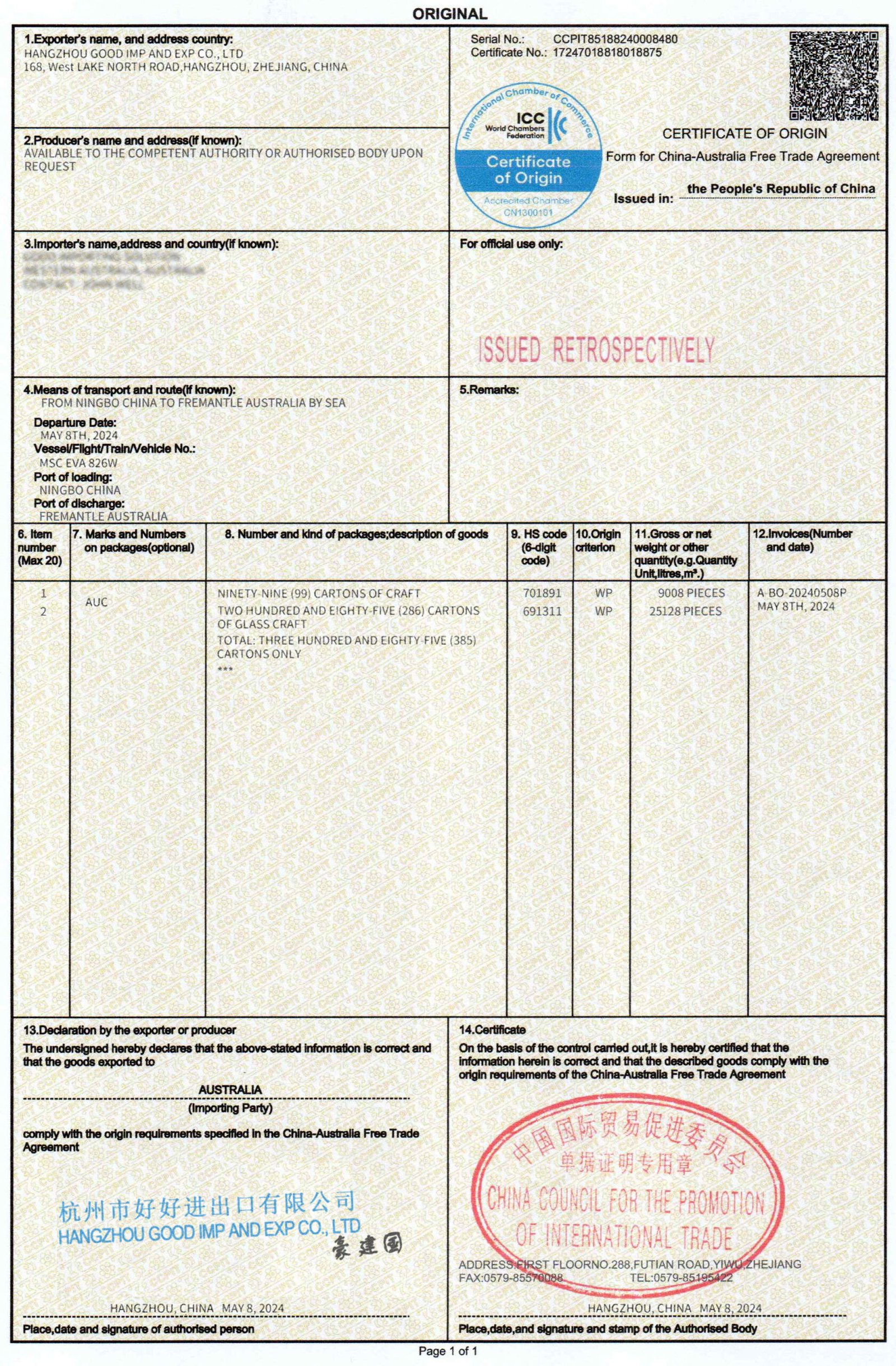 Authentic CHAFTA Certificate of Origin document issued by CCPIT showing real export transaction of cartons from Chinese company to Australia with official certification stamps and signatures