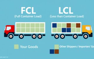 Image of FCL vs LCL: FCL uses a full container for one shipper; LCL shares a container across multiple shippers / importers.