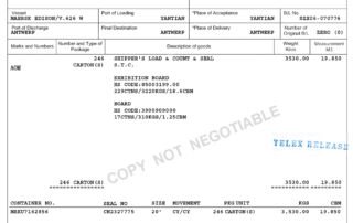 Combined Transport Bill of Lading, TELEX RELEASED; MAERSK EDISON V.626W; POL Yantian; POD Antwerp; 246 cartons, 3,530 kg, 19.85 CBM; “COPY NOT NEGOTIABLE” watermark.