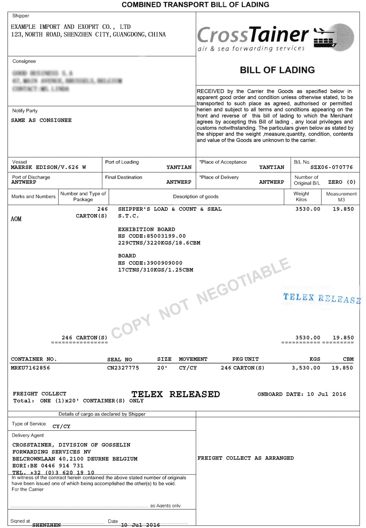 Combined Transport Bill of Lading, TELEX RELEASED; MAERSK EDISON V.626W; POL Yantian; POD Antwerp; 246 cartons, 3,530 kg, 19.85 CBM; “COPY NOT NEGOTIABLE” watermark.