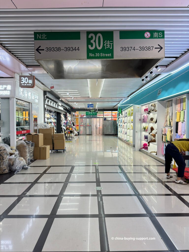 Yiwu International Trade City hats market—end of No.30 Street by Gate 92; shops 39338–39344 left, 39374–39387 right