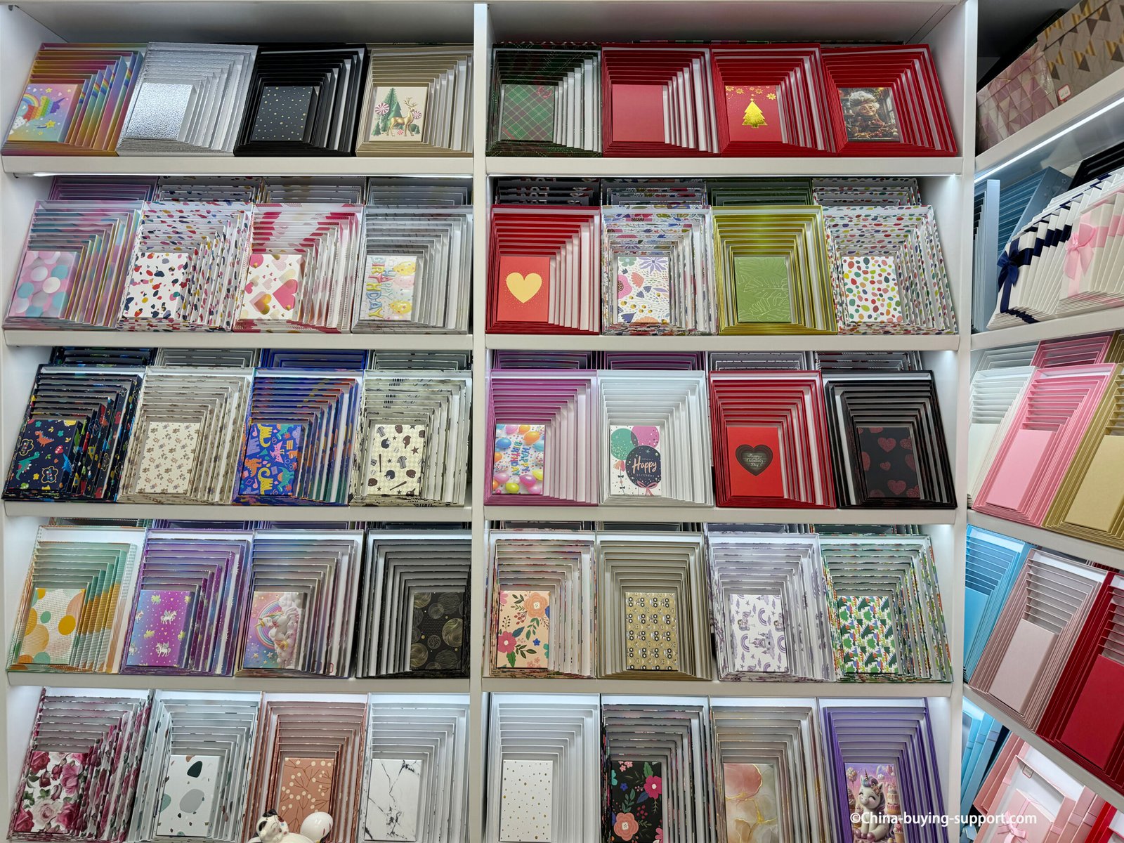 Colorful ten-piece gift box sets displayed on shelves at a supplier shop in Yiwu International Trade City District 2, featuring nesting boxes in red, gold, pink, and patterned designs for retail and gift packaging.