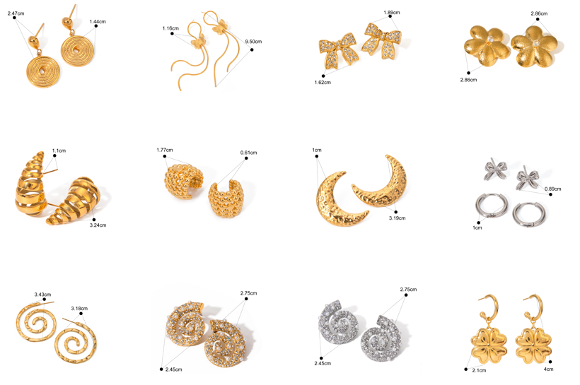 gold spiral disc drop earrings, long threader earrings, pavé bow stud earrings, textured flower stud earrings, chunky ear cuff earrings, hammered crescent hoop earrings, small silver hoop earrings, gold/silver pavé spiral hoops, and clover flower drop earrings.