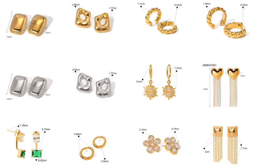 Earrings size chart image with CM measurements featuring assorted gold and silver earrings: rectangular pavé stud earrings, irregular hollow stud earrings, twisted open hoop ear cuffs, sunburst drop earrings, heart tassel fringe earrings, gemstone stud earrings, crystal flower studs, and chain fringe drop earrings