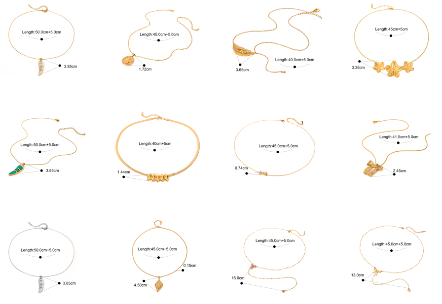 Fine quality gold-tone pendant necklaces with adjustable extender chains, including lengths 40+5 cm, 41.5+5 cm, 45+5 cm, and 50+5 cm, plus pendant dimension markers for flower, leaf/feather, horn, and charm styles. Yiwu Jewelry Market, China