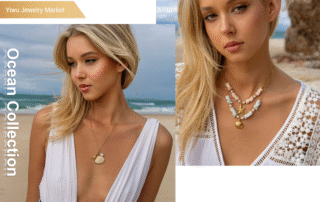 Ocean Collection jewelry, showing a blonde model at the beach wearing a gold-tone seashell pendant necklace with a starfish charm, and layered pastel beaded necklaces with sea-themed pendants; design from Yiwu Jewelry Market, China