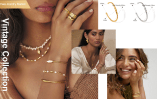 Vintage Collection jewelry collage showing models wearing gold-toned stacking rings, layered pearl-and-gold necklaces, and open cuff bangles, Yiwu Jewelry Market