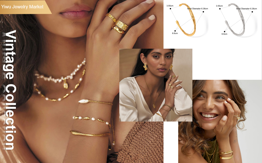 Vintage Collection jewelry collage showing models wearing gold-toned stacking rings, layered pearl-and-gold necklaces, and open cuff bangles, Yiwu Jewelry Market