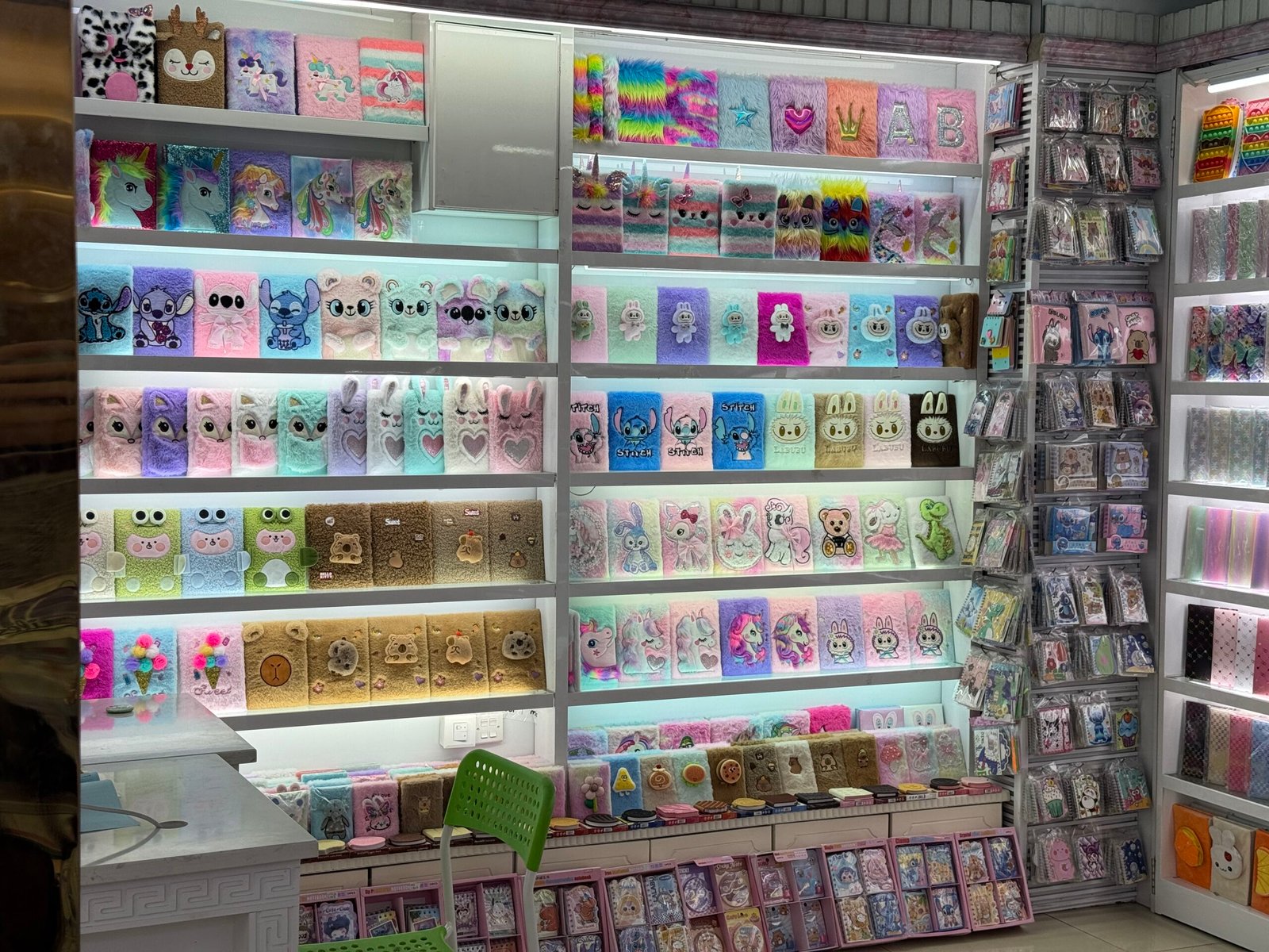 Rows of fluffy plush notebooks and diaries with animal and unicorn designs displayed on illuminated wall shelves in a Yiwu stationery wholesale booth.