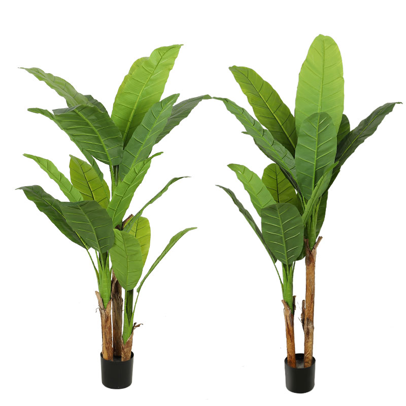 Artificial banana trees showing different leaf arrangements for wholesale projects