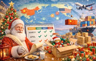 Christmas products sourcing from China with global shipping timeline and supply chain illustration