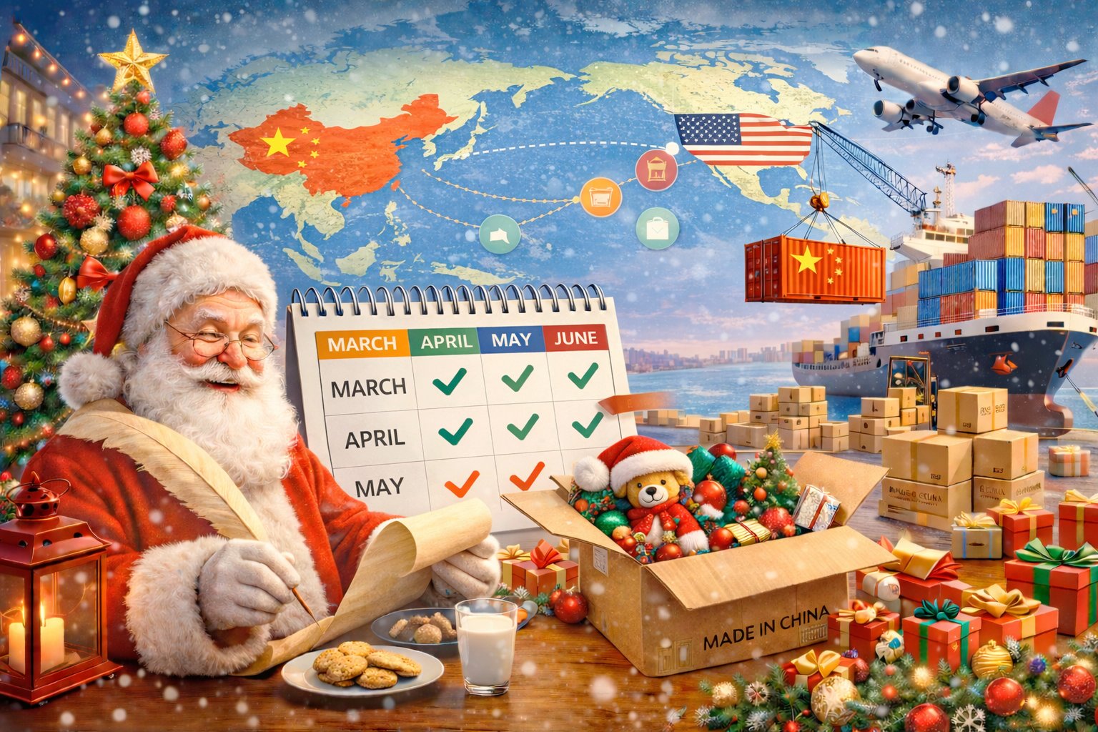 Christmas products sourcing from China with global shipping timeline and supply chain illustration