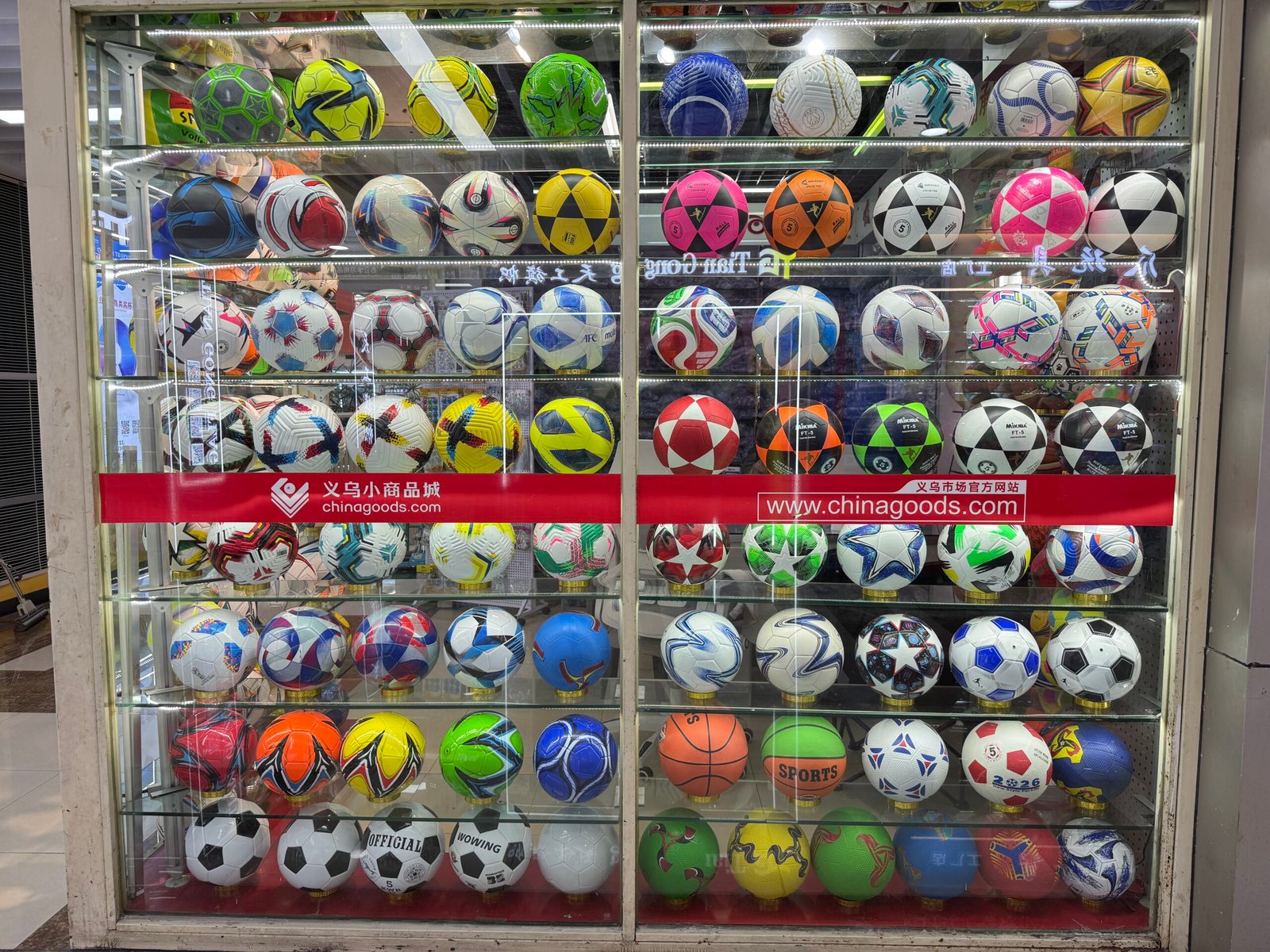 Football and soccer ball display in Yiwu Sports Market with many styles and colors