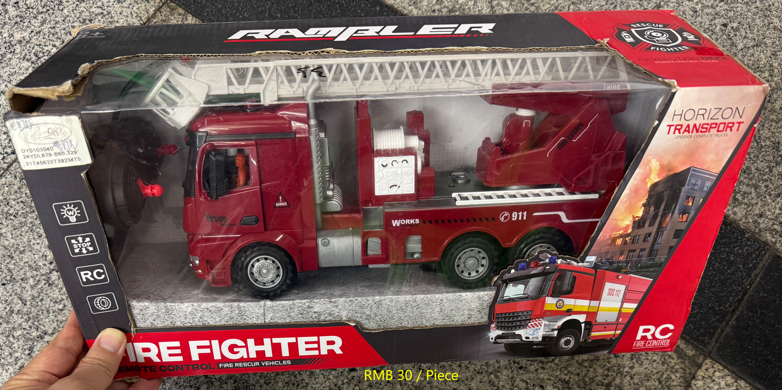 Red RC fire fighter truck with remote control and movable ladder at Yiwu toy market wholesale