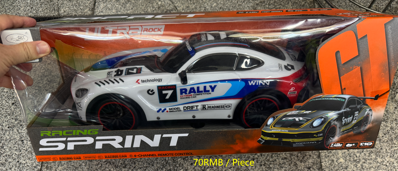 White RC racing sprint car with blue and red decals and 4-channel remote control from Yiwu toy market