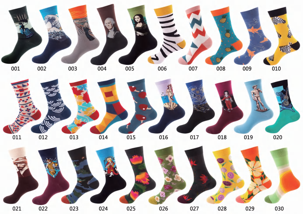 Colorful wholesale socks in 30 different patterns and designs from Yiwu socks market